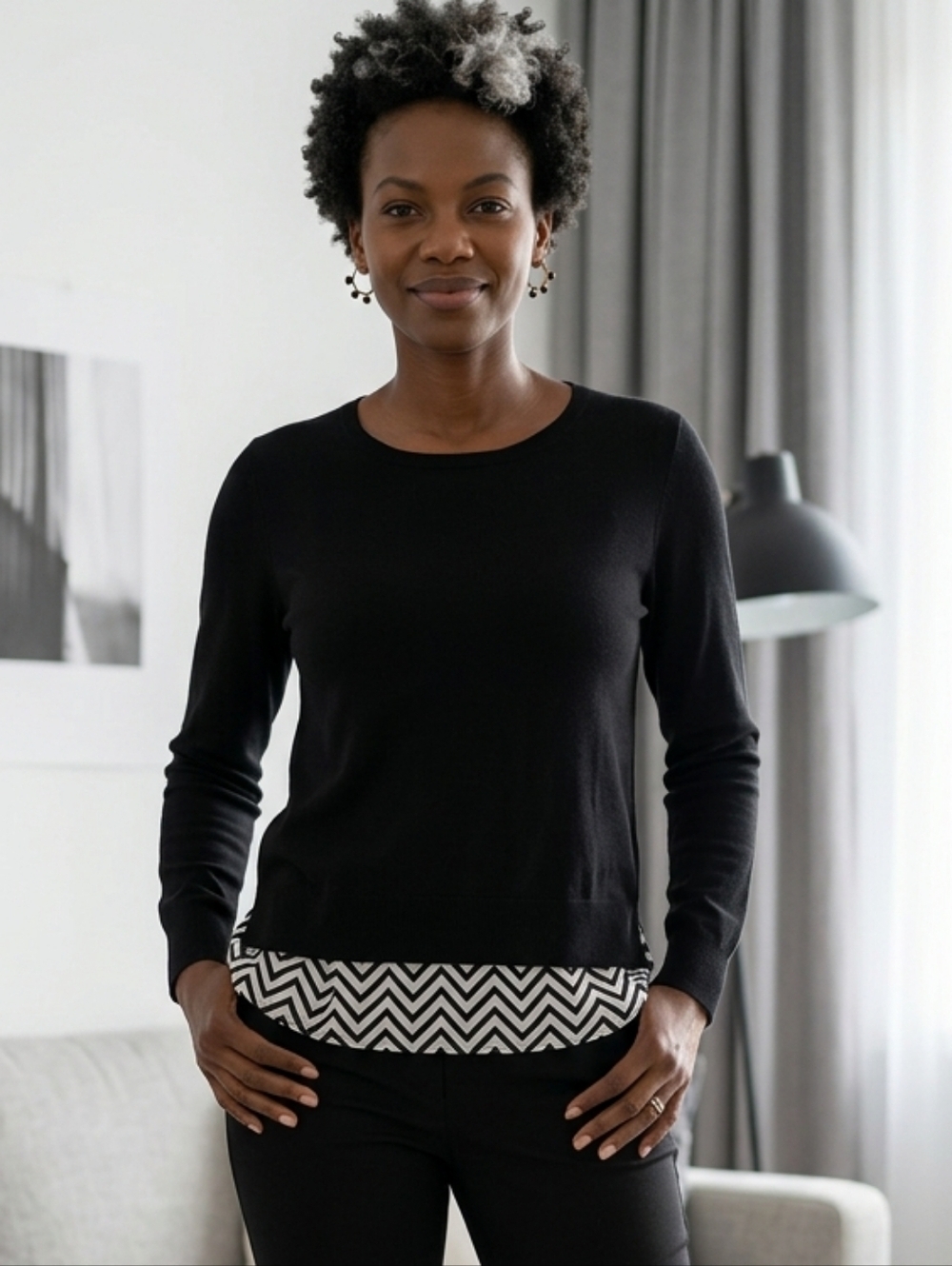 NWT AB Studio Twofers Black Long Sleeve Sweater with Chevron Blouse Detail sz XL